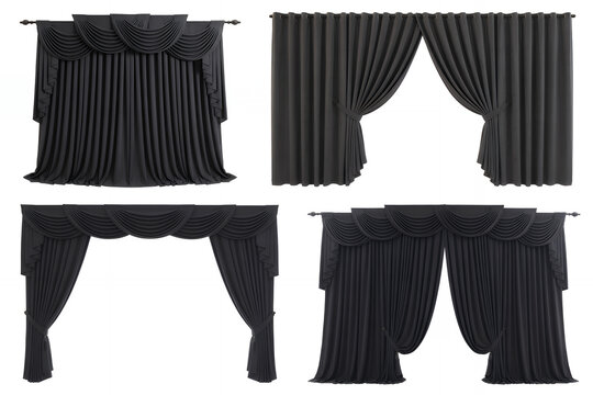 Black curtain drapes with scalloped valances on rod black curtains