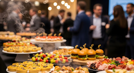 A table laden with a variety of food items at a networking event, with people in the background mingling with each other.