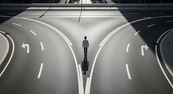 Man stands at fork in road with two distinct paths ahead in monochrome cityscape lighting