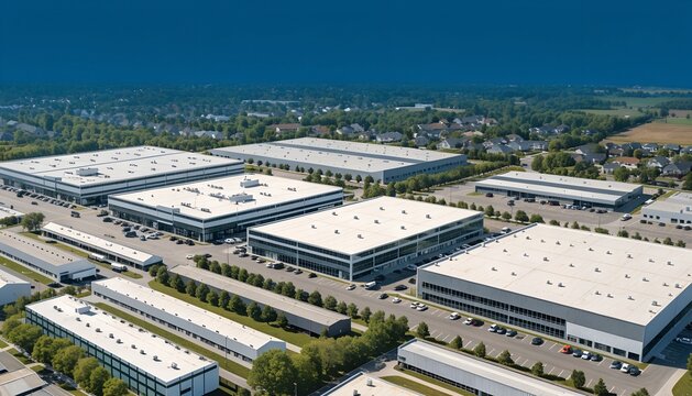 Aerial view of massive data center campus with white warehouse buildings, HVAC units on rooftops, green landscaping, roads, mountains under blue sky. Modern cloud infrastructure facility.