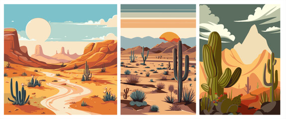 Set of desert landscape banners featuring saguaro cacti, rocky mountains, and sand dunes in a vibrant flat design style for travel and nature themes. © hadi