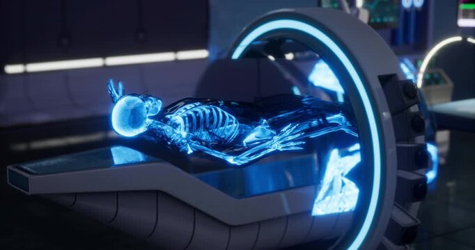 A glowing skeleton lies on a sleek examination table within a modern medical facility. Advanced technology surrounds the body, creating an atmosphere of innovation and discovery.