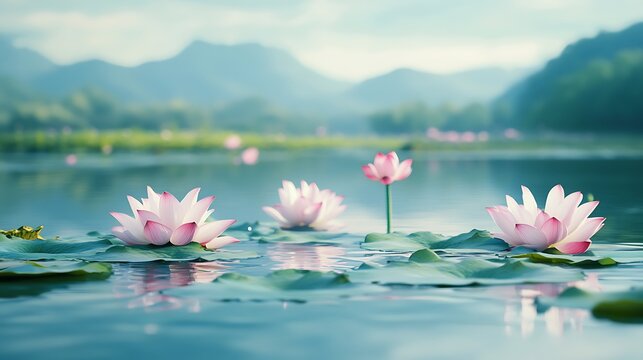 Pink lotus flowers floating on tranquil water with blurred mountain backdrop