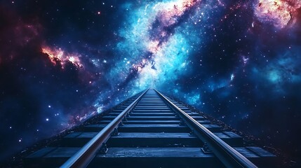 Fototapeta premium Railroad tracks leading into the vibrant colorful depths of space and stars