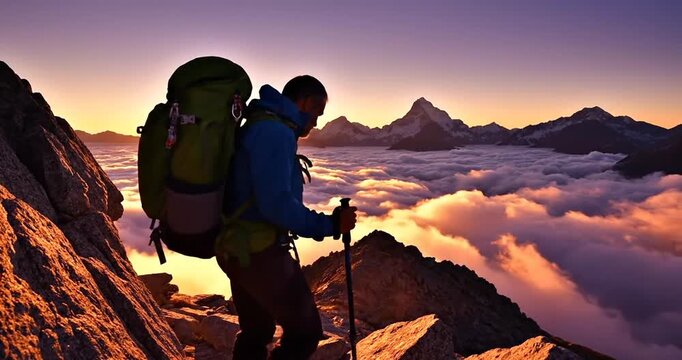 Hiker on mountain peak at sunrise.