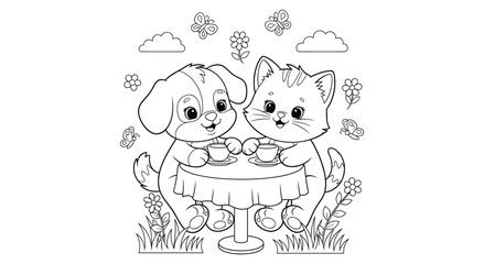 Obraz premium Puppy and kitten sharing tea at round table coloring page for kids design