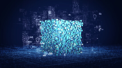 Blockchain technology concept featuring a digital data cube composed of interconnected blocks,...