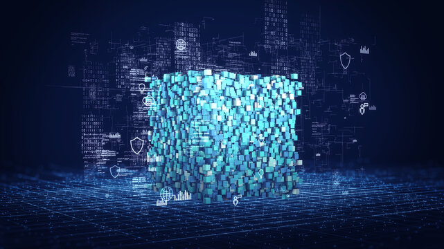 Blockchain technology concept featuring a digital data cube composed of interconnected blocks, symbolizing decentralized networks, secure data processing, and distributed computing for fintech, cybers