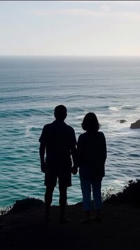 A couple stands hand in hand on a cliff overlooking the ocean, silhouetted against the water, enjoying a peaceful moment together, romantic scene, coastal view, serenity