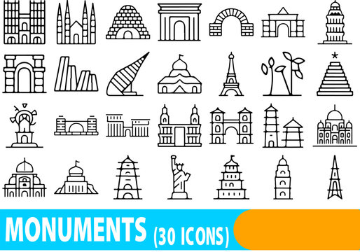 A comprehensive array of thirty line-style icons depicting famous world monuments, architectural landmarks, and various arch structures compiled for travel or history projects.