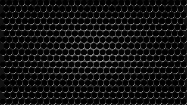 Dark industrial metal grille background featuring a seamless circular perforated pattern with subtle light effect