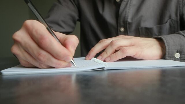 Close up man hands writing with ballpoint pen in spiral notebook, taking notes or journaling while sitting at dark reflective desk in office or home environment. Male hands writing notes in notebook