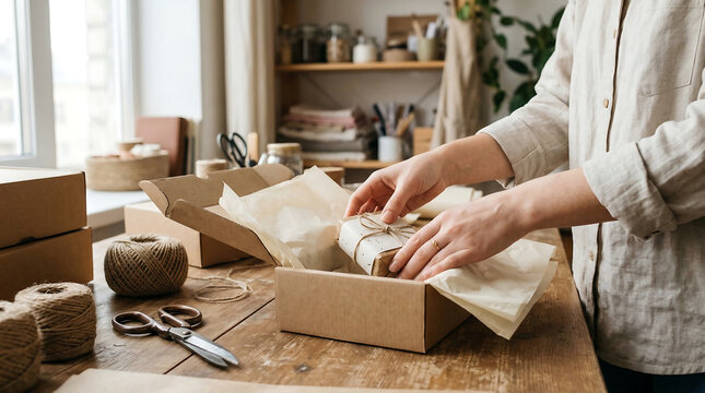 Hands placing a wrapped handmade item into a cardboard mailer box in a warm artisan small business packaging workspace