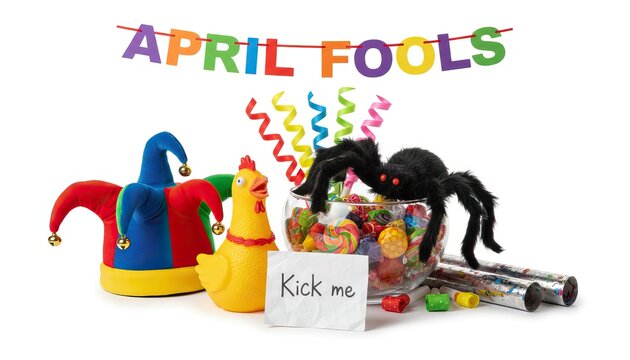 April fools text above party favors including a jester hat, noisemakers, and a fake spider on a white surface