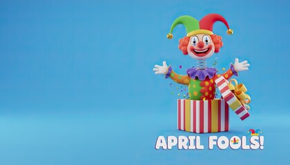 Fototapeta premium April fools text with a jester wearing a colorful hat and outfit inside a striped cup against a blue background
