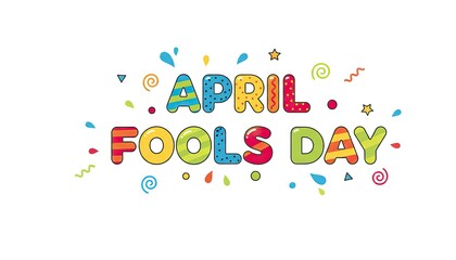 Fototapeta premium April fools day text with colorful letters and small confetti-like shapes scattered around the words on a white background