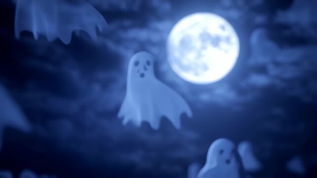 Whimsical illustration of levitating cartoon ghosts against a dark blue sky with a large, glowing full moon