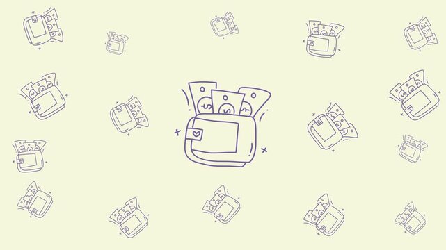 Finance doodle pattern of outlined wallets sketched with money for playful financial designs suitable for digital backgrounds and printables.