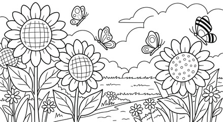 Coloring page with sunflowers and butterflies in a summer field © SHUVO