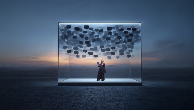 Communication concept woman reading messages inside transparent cube with speech bubbles for social media advertising, digital conversation branding, messaging technology editorial and marketing.