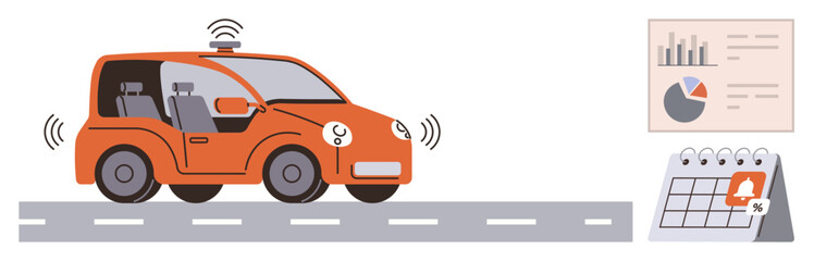 Naklejka premium Artificial intelligence, automation, transportation, data analysis, scheduling, smart technology. A self-driving car, data chart and a calendar with a reminder icon. Autonomous driving and data