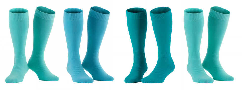 Blue and teal knee socks on white knee various shades color