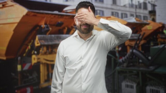 Handsome hispanic man in white shirt covers eyes with hand while standing in front of orange snowplow on city street; playful shyness.