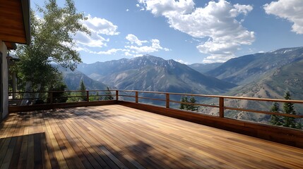 Fototapeta premium Awesome photo of spacious wooden deck with panoramic mountain view and blue sky.