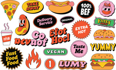 Naklejka premium Fast Food Stickers Collection: Pizza Hot Dog Burger Coffee and Text Graphics