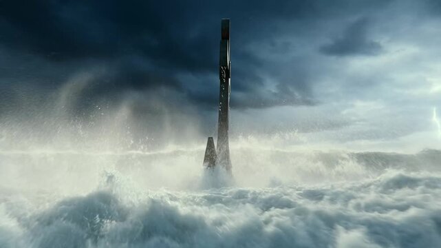 A towering, mysterious monolith emerges from a chaotic, storm-swept sea, under an ominous sky, creating a powerful cinematic scene of isolated grandeur and ancient power
