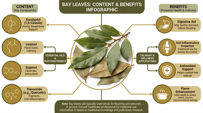 Educational Infographic Detailing Bay Leaves Content and Benefits on White Background