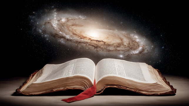 Cosmic Revelation: An ancient holy book lies open, revealing the universe and a spiral galaxy, symbolizing divine creation, spiritual truth, and the word of God.