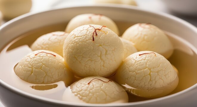 Delicious Indian Rasgulla or Ras Malai, soft cheese balls soaked in syrup and garnished with saffron threads in a white bowl.