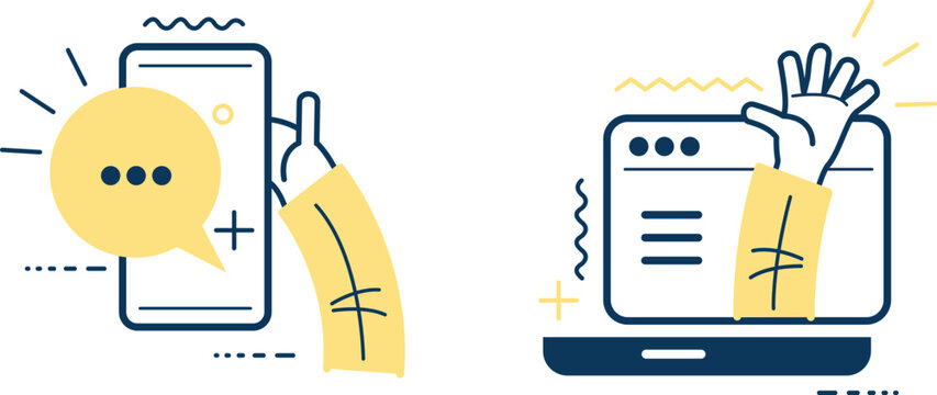 Illustration of mobile and desktop app development with positive energy symbols