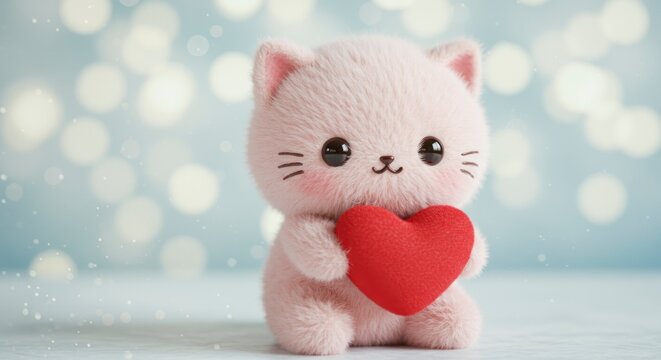 Cute plush kitten holding a red heart against a blurred background