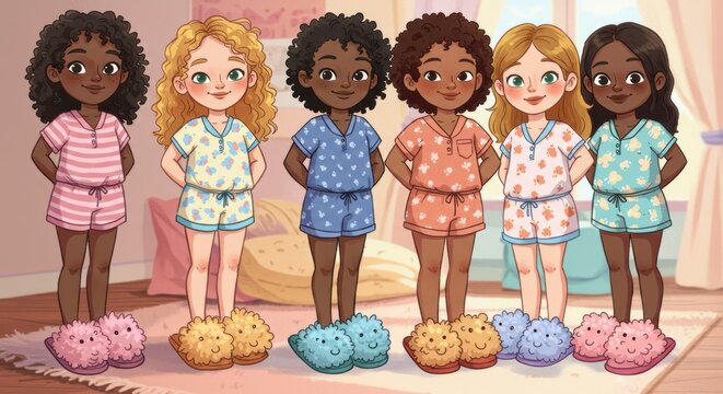 Diverse group of young women in pajamas standing together indoors