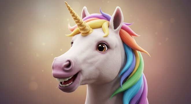 Fantasy unicorn portrait with colorful mane and horn on a soft background