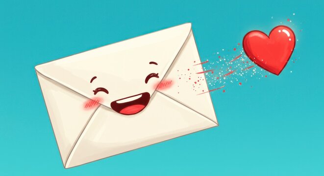 Smiling envelope and red heart illustration against a blue background