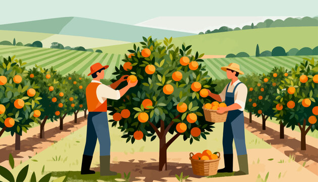 Two workers harvest oranges in a sunlit orchard. One man reaches for fruit with a warm smile. Another gathers produce with care, holding a basket. Rows of orange trees stretch under gentle skies