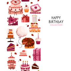 Banner with colorful cakes with strawberries, cherries, cream, and chocolate. Seamless border with cupcake, gift, confetti balloon. Cakes for birthdays, anniversaries, weddings. Vector illustration.