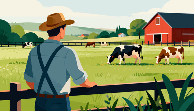 Farmer stands at fence, watching grazing cows. Red barn looms behind lush green pasture. Cows feed peacefully, undisturbed by human gaze. Calm, quiet scene suggests pastoral contentment