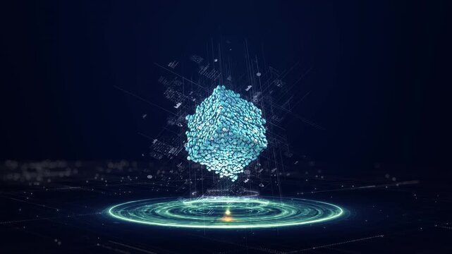 Blockchain technology concept featuring a digital data cube composed of interconnected blocks, symbolizing decentralized networks, secure data processing, and distributed computing for fintech, cybers