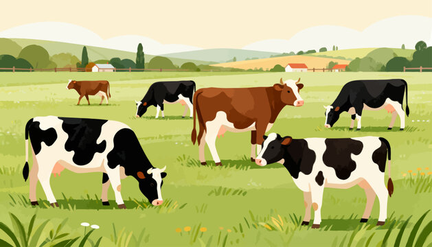 Cows graze peacefully in a sunlit pasture. Fields stretch wide, dotted with gentle hills. Soft clouds drift above distant trees. Animals stand calm, heads bowed to feed