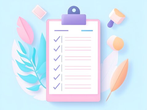 A visually appealing checklist with pastel colors, featuring a clipboard surrounded by decorative leaves and items. Ideal for organizing tasks and enhancing productivity.