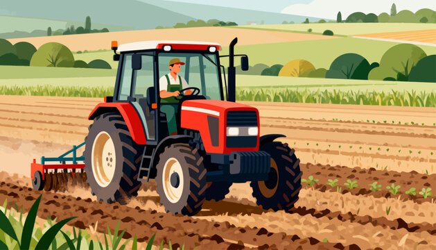 Farmer drives tractor across tilled field. Red machine leaves neat furrows behind. Green hills roll gently in background. Calm posture suggests focused work. Ideal for agricultural, farming