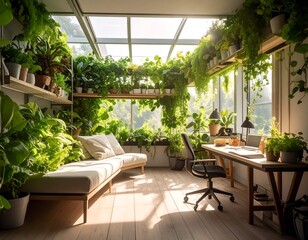 Fototapeta premium Sunlit home office interior surrounded by lush green plants inside greenhouse glasshouse room