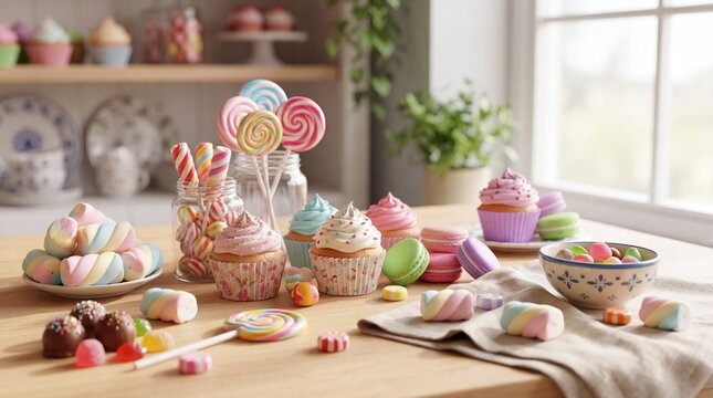 A delightful assortment of colorful candies and sweets arranged on a wooden table.