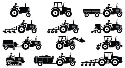 Black tractor silhouettes illustrating diverse agricultural tasks and tools © SHUVO