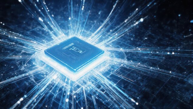Abstract Blue Processor Chip Emitting Light Energy Rays.