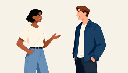 Fototapeta premium Two people converse with warm, friendly expressions. One gestures while the other listens attentively. The scene suggests casual, positive interaction. Ideal for business, social, or lifestyle content